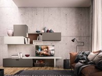 composizione soggiorno con base a cestoni e pensili vasistas