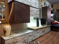parete soggiorno moderno lineare vintage e seta bronzo con top essenza olmo nature