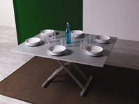 Tavolo Altacom modello Universe. Tavolino trasformabile in tavolo da pranzo, con piano malta pietra spatolata antracite e base verniciato grisou’.